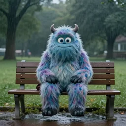 a photo of a fluffy monster sitting at a park bench alone in the rain, moody, nostalgic, 8 k uhd