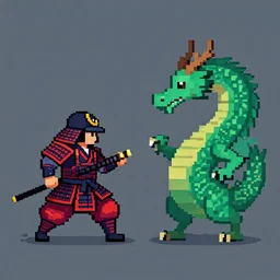 a samurai versus a dragon in pixel art,