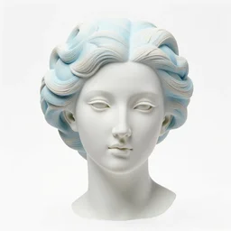full head and shoulders, beautiful female porcelain sculpture by daniel arsham and raoul marks, smooth, all white features on a white background, delicate facial features, white eyes, white lashes, detailed white, lots of real pastel blue hair in a winding geometric hairstyle on the head