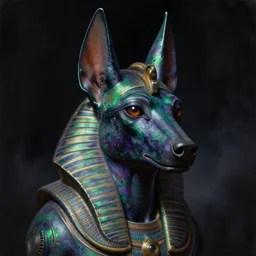 a neoclassicist close - up portrait of anubis with hyperrealist features. green and purple reflective alien technology around head and shoulders. foggy black background. highly detailed science fiction painting by norman rockwell, frank frazetta, syd mead and moebius. rich colors, high contrast, gloomy atmosphere, dark background. trending on artstation.