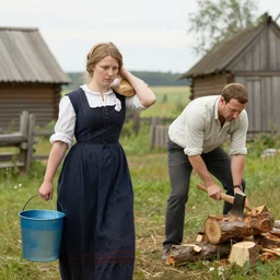 mark zuckerberg in a woman's dress carries a bucket of water, pavel durov in a shirt cuts wood with an axe, russian village, realism, maximum detail, high quality, depth of field, soft light, proportions, composition, classicism painting,