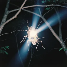 4 k rhizomatic computer vision!!!! compound eyes and insectile head materialising from the canopy ; corporeal chitinous flesh spun solid from beam and vapour. he manifests in moonlight, slipping through arched branches, night time photography mystical polachrome 3 5 mm instant film