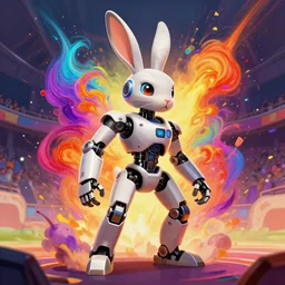 anthropomorphic rabbit robot with human characteristics in an arena, digital art, epic composition, fantasy, explosion of color, highly detailed, in the style of jakub rebelka artstation, in the style of jake parker, in the style of conrad roset, swirly vibrant colors, sharp focus