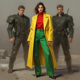 digital painting of beautiful woman wearing a red top, green cargo pants, long tailored yellow coat in a desolate environment by artgerm, thomas karpi, taras susak, artstation, intricated, detailed, fashion shoot, octane rendered