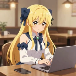 marisa kirisame anime art, cafe, typing on laptop, touhou project