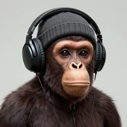 stoned ape, headphones and knitted cap, realistic, extremely detailed, sharp focus, wide view, smooth, digital illustration, by james jean, by rossdraws, frank franzzeta, mcbess, sakimichan, brosmin, danton fadeev, steve simpson