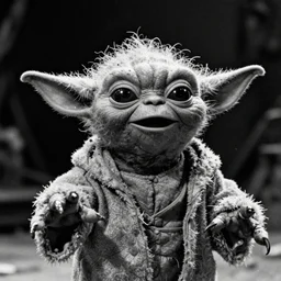 evil horror yoda, black and white grainy film, screaming by maxim verehin
