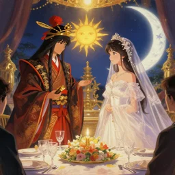 a cinematic portrait of wedding photograph jpeg close up moment of a divine a japan sun god and moon goddess lovers magician at a wedding banquet. portraiture. digital painting. artstation. concept art. wedding photo. digital painting. iolet evergarden art masterpiece by art by krenz cushart