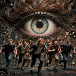 people running terrified of the hair monster, high detail, 8k, ornate, realistic, masterpiece, complex, WLOP, film still from the movie directed by Denis Villeneuve with art direction by Pablo Picasso and Greg rutkowski, enhanced light effect, enhanced eye detail, artstationhd