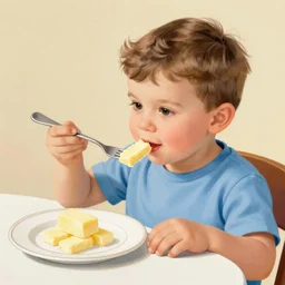 boy, 1 2 years old, sitting at the table looking hungry at the stick of butter on his fork from a plate with 1 0 sticks of butter in a pile, color illustration 1 9 3 0 s. the boy is facing the viewer.