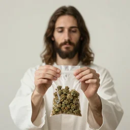 photograph of jesus holding a bag of weed