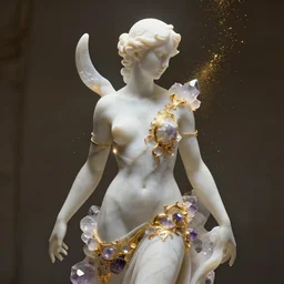 abstract female sculpture made of white marble and amethyst crystals quartz, ethereal lights, fine details, artstation, film still, golden partciles flying in the air, cinematic photoshooting, luxury, golden filigree, octane render