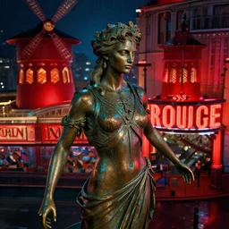 bronze god statue,in the style of Rick Sternbach and Mark Tedin,trending on artstation, wet lighting aerial view,sharpness applied,strong colors,Blade Runner 2049 ,4k hd wallpaper,Moulin Rouge! ,