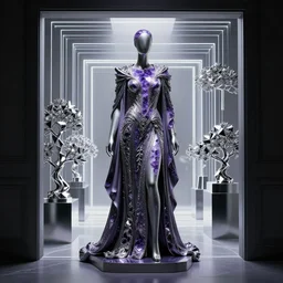 beautiful mannequin sculpted out of amethyst by billelis + draped in flowing ornate ornamented robes + chrome geometric cubed bonsai plants!!!!, doorway opening with vaporwave geometric light, clean linework, dramatic, insanely detailed, rule of thirds, moody, confident, award winning, 4 k, trending on artstation, photorealistic, volumetric lighting, octane render