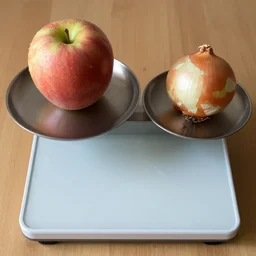 weighing scale with one apple in one side and one onion in the other