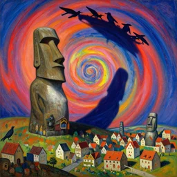 gods, giant moai statue fighting above a tinny medieval town. the shadow of the giant covers the crows. vivid psychedelic color sweeping in a vortex. painting by jan van eyck, monet, alfred kubin, caspar david friedrich, max ernst, agnes pelton, munch,