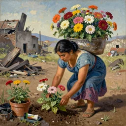 a women planting flowers in a post apocalyptic world in style of the painting of the flower carrier by diego rivera, ultra detailed, realistic, octane, masterpiece