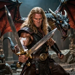 closeup Photo of Conan the Barbarian fighting a dragon with a sword in a dungeon, rim lighting, octane, Edgar Rice Burroughs,