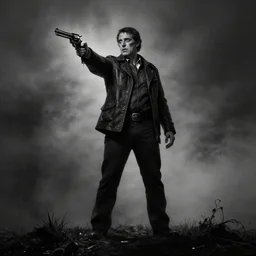 Ted Cruz standing on a hill pointing a revolver, black and white, creepy lighting, foggy atmosphere, scary, horror, ornate, eerie, fear