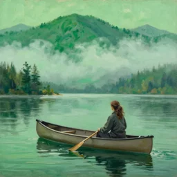 “ a woman sitting in canoe on the hudson river, mountains in fog background, green colors, highly detailed, oil painting, by george bellows ”