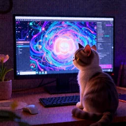 a wholesome cottagecore illustration of a cat in a trance looking at the computer monitor create Stable Diffusion AI Art, Discord on monitor, psychedelic, trippy, magic, Pixar and Disney animation, sharp, Rendered in Redshift and Unreal Engine 5 by Greg Rutkowski, Bloom, dramatic lighting