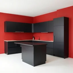 photo of black kitchen fronts and furniture, red walls, white floor tiles, architecture, concept art