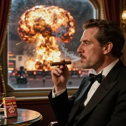Mr. House, realistic, highly detailed face, looks at the, ! big nuclear explosion !,nuclear fungus, from the window of the Lucky 38 Casino, man smokes a cigar, ! holding in his Hand !, arm,cigarette advertising, hyperdetailed, artstation trending, ultra HD, artstation, photorealism, ultrarealistic, retro, 45mm, elegant,
