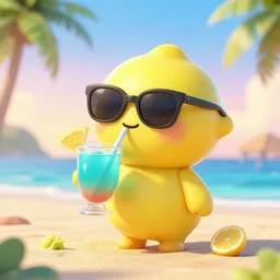 3 d octane render of a very very very cute!!!!! chibi lemon character sipping on a delicous caribbean drink wearing sunglasses relaxing on a tropical beach at sunrise