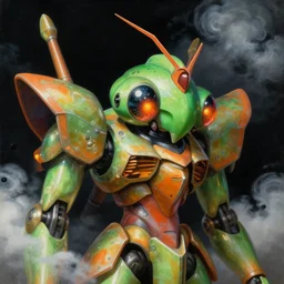 a baroque neoclassicist renaissance close - up portrait of a green and orange iridescent whimsical 1 8 0 0 s japanese mecha gundam mantis with big glowing eyes. reflective detailed textures. puffy clouds, dark black background. highly detailed fantasy science fic tion painting by moebius, norman rockwell, frank frazetta, and syd mead. rich colors, high contrast. artstation