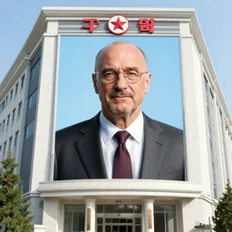 a propaganda portrait of saul goodman on a north korean building, hyper realistic, smooth lighting, mid shot