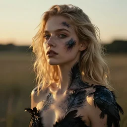 pretty blond girl with raven feathers growing out of her skin, golden hour, caustics, shallow depth of field, moody lighting, 8 k, concept art,