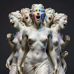 sculpture statue of Emma Watson by Jean-Baptiste Carpeaux and Luo Li Rong and Michael James Talbot, all body, very emotional screaming expressions, perfect symmetrical face, psychedelic colors, retrowave synthwave, in full growth, elegant, realistic, 8K, female full-skin figure, hyperrealism, subsurface scattering, raytracing, rim light, Octane Render, Redshift, Zbrush