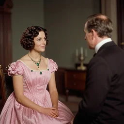 a queen with tan skin, short, rippling dark cinnamon hair, and emerald eyes is shown meeting with the master of additional support needs in a long, medium wide shot, german and eastern european mix kodachrome slide. in a vintage historical fantasy photograph from 1 9 3 2, she is shown donning a pink dress and green jewels.