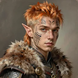 portrait painting of an elven young man with short light orange hair and tribal tattoos on his face wearing fur armor, sharp focus, award - winning, trending on artstation, masterpiece, highly detailed, intricate. art by aurore folny