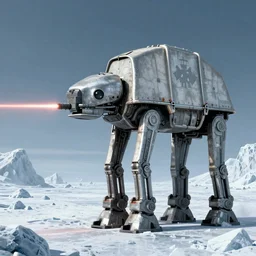 a fusion between the tarrasque and an AT-AT, flat grey color, completely metal, imperial symbol, walking across ice planet, firing laser, hyper-realistic CG