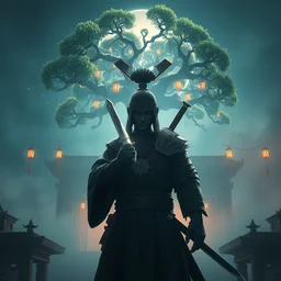 a warrior remove finger with knife, dj booth with a bodhi tree : 6 character design : 2 midnight, illusion, stunning, breathtaking, majestic, asian fantasy, digital render, line art, unreal engine, de - noise, 8 k, volumetric lighting, symmetrical, pronounced features, detailed contrast, scattered mist, glow 3 d alejandro alvarez alena aenami