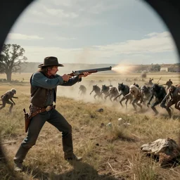 an ultradetailed image of dean winchester as an old west gunfighter shooting at a charging wendigo, ultrawide lens, aerial photography, masterpiece, 8 k, art by greg rutkowski and albert bierstadt