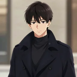 a male teen with dark short hair and dark brown eyes wearing a dark formal overcoat, anime style, portait photo, high quality, beautiful, trending on DeviantArt, anime boy