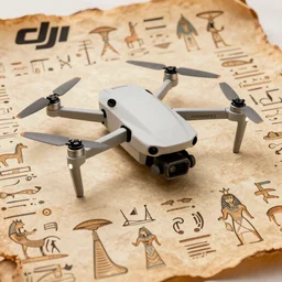 Egyptian hieroglyphic schematic of a DJI Mavic Mini 2 drone, on papyrus