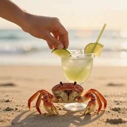 a crab drinking a caipirinha in a beach, golden hour, bokeh, 4k