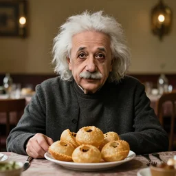 a portrait of albert einstein sitting at the dining table with a plate containing panipuri in front of him, highly detailed, trending on artstation, bokeh, 9 0 mm, f / 1. 4