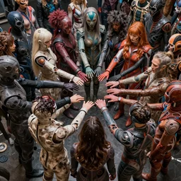 love, diverse broken dirty cybersuits, from behind, connection rituals, wide wide angle, vivid, elaborate, highly detailed, beautiful lighting