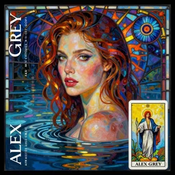 a painting of a woman in a body of water, an album cover by alex grey, featured on deviantart, psychedelic art, concert poster, tarot card, stained glass