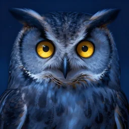 illustration, sharp focus, concept art, cgsociety, symmetrical, highly detailed, bright golden eyes in the night, digital painting, blue night lighting, album cover art, art by greg rutkowski, closeup portrait of a gray owl, artstation, alphonse mucha, cinematic lighting