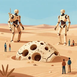 a illustration of cyborg fossils in the desert, with people around by moebius, jean giraud & kilian eng