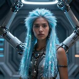beautiful futuristic himba girl inside a space station, robotic arms, fiber optic hair, hyperrealistic, sci - fi, - n 9