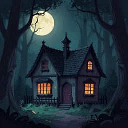 fairytale cottage in haunted woods with moonlight, dark and gothic, full frame, art by brom and kay nielsen, color engraving, vector, vector art