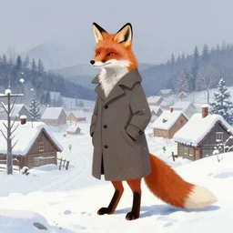 an anthropomorhpic fox wearing a long coat in a snowy village, character illustration by greg rutkowski, thomas kinkade, alphonse mucha, norman rockwell