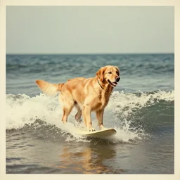 photo of golden retriever surfing at sea, vintage found photo, old colored photo