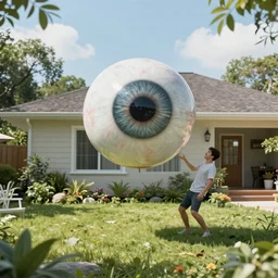 A giant floating eye catching a man with its eyelids in a suburban house garden, dream ambience